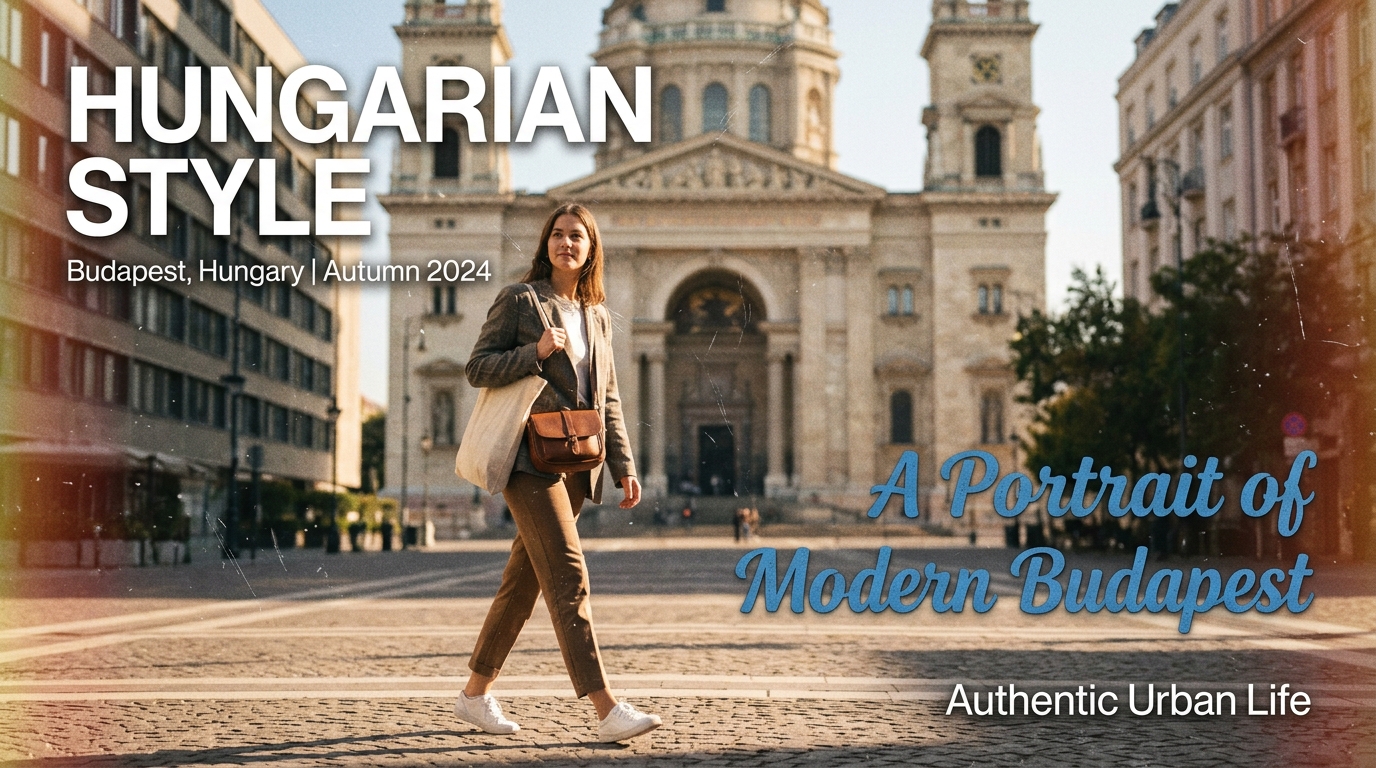 Fiatal nő sétál Budapest utcáin napsütésben