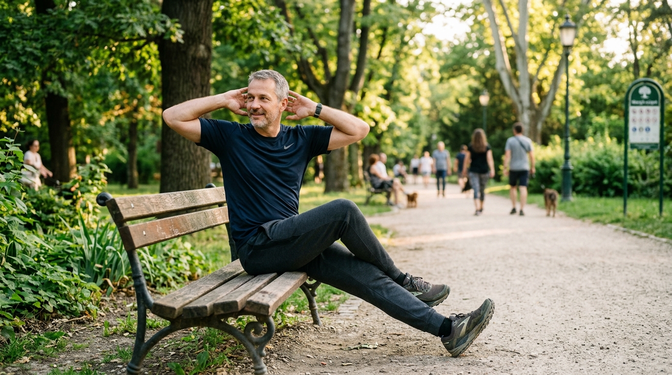 Férfi nyújtógyakorlatot végez egy városi parkban