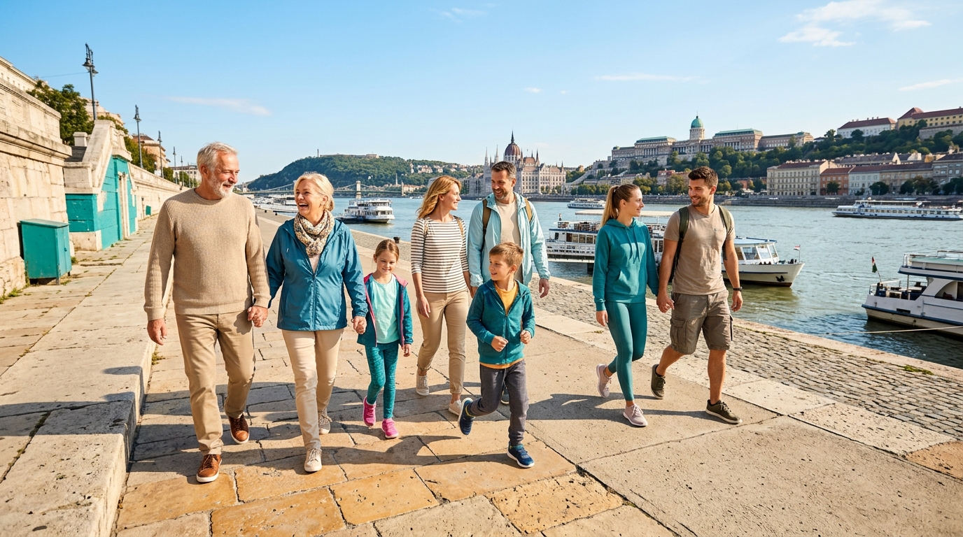 Emberek sétálnak a Duna-parton Budapesten